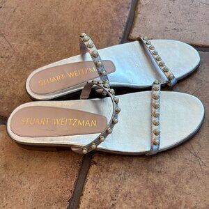 Stuart Weitzman Ameliese Pearl Leather Metallic Embellished Sandal Slide Sz 7
